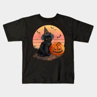 Black Cat With Pumpkin Moon and Bats Halloween Watercolor Painting Kids T-Shirt